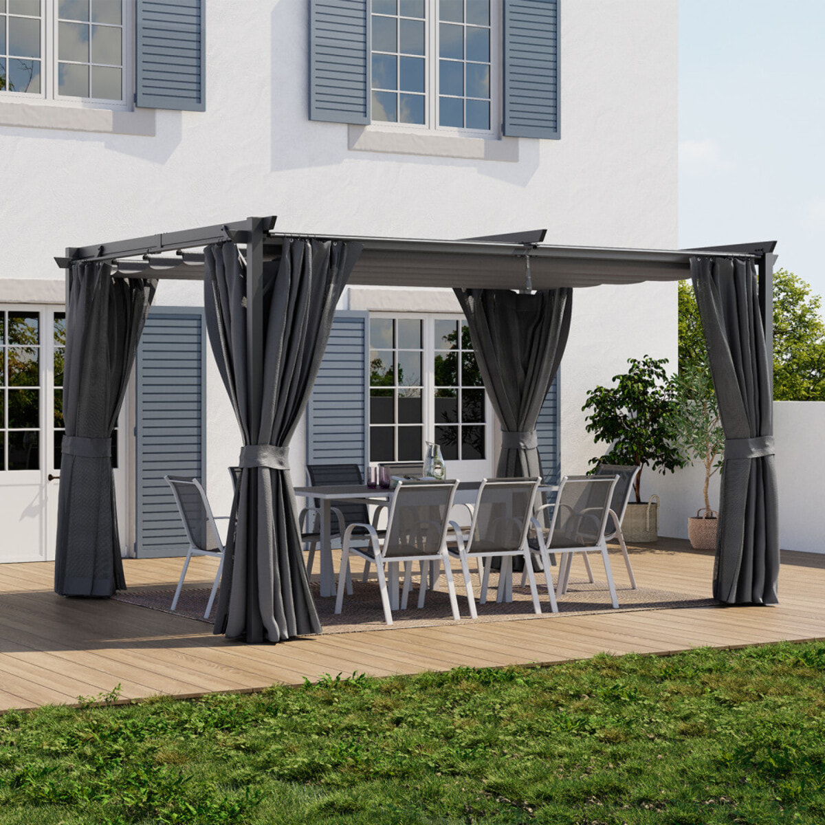 Pergola Marina 3x4m toit rétractable + 4 rideaux moustiquaires