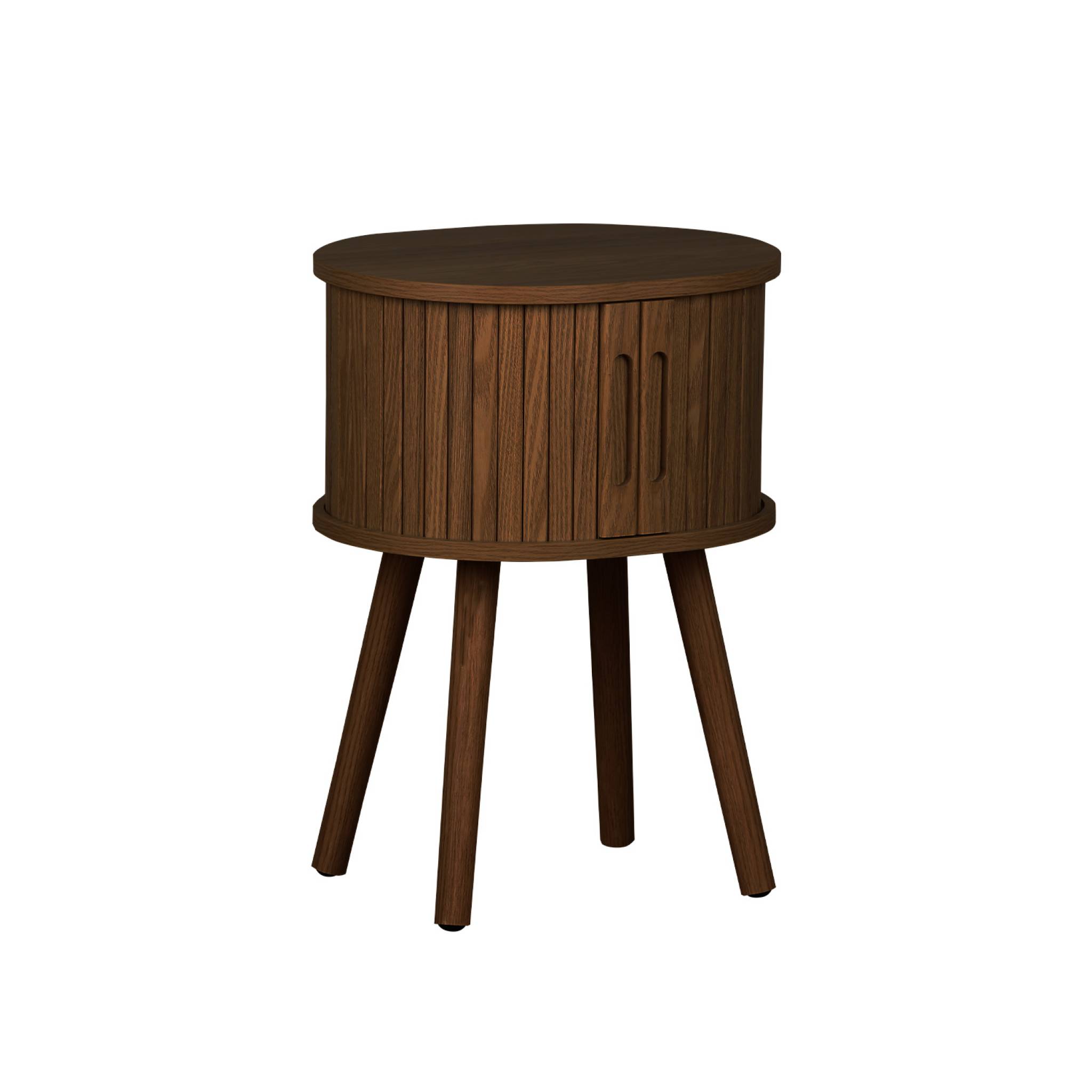 Table de chevet ovale 2 portes coulissantes poignées creusées. effet bois rainuré. L40 x l34 x H54.8cm