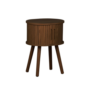 Table de chevet ovale 2 portes coulissantes poignées creusées. effet bois rainuré. L40 x l34 x H54.8cm