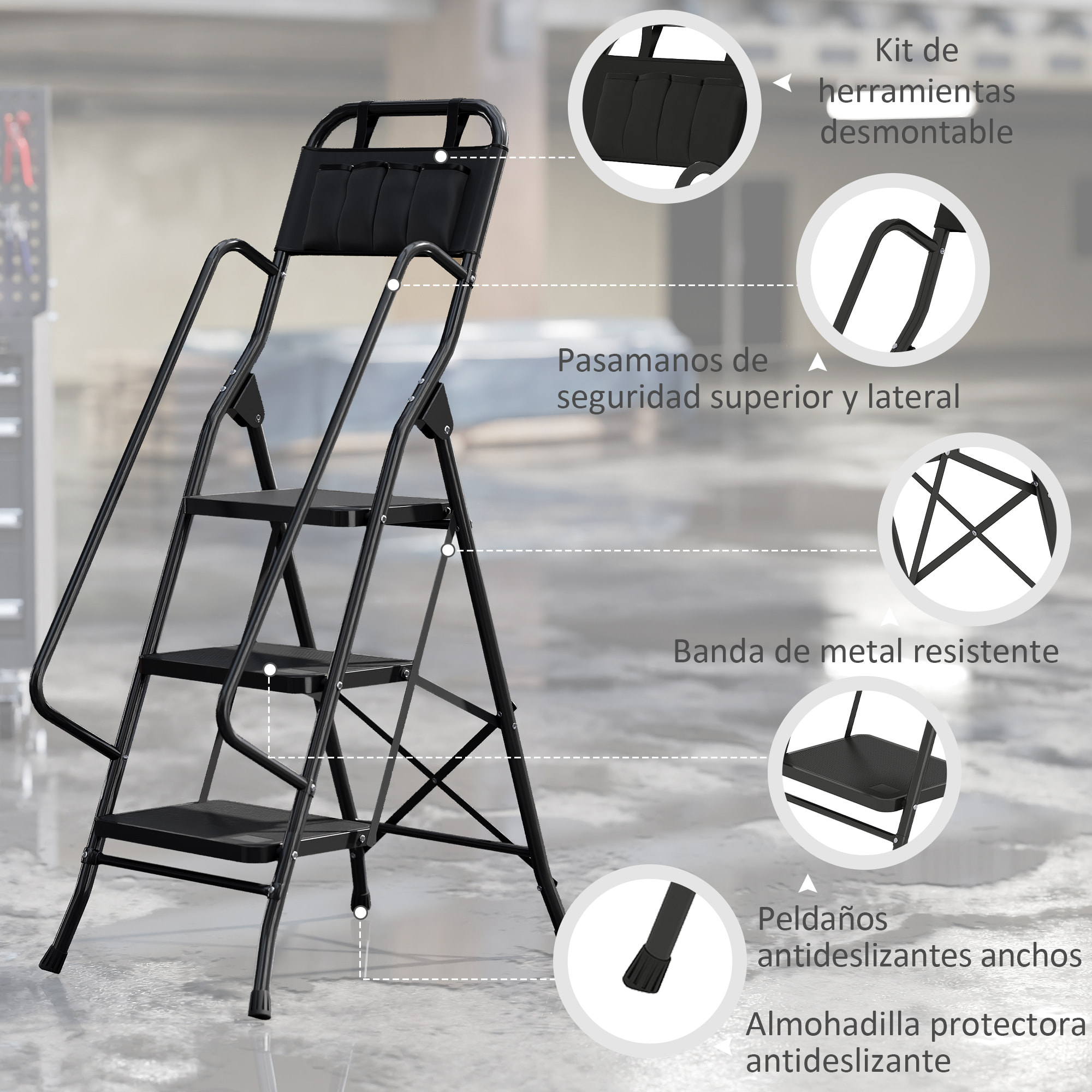 Escalera Plegable de 3 Peldaños con Bolsa de Herramientas, Escalera de Tijera, Carga 150 kg, con Peldaños Anchos Antideslizantes, Bloqueo de Seguridad, Apoyabrazos, Negro