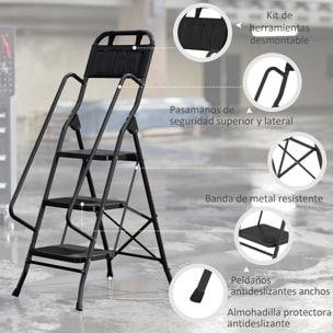 Escalera Plegable de 3 Peldaños con Bolsa de Herramientas, Escalera de Tijera, Carga 150 kg, con Peldaños Anchos Antideslizantes, Bloqueo de Seguridad, Apoyabrazos, Negro