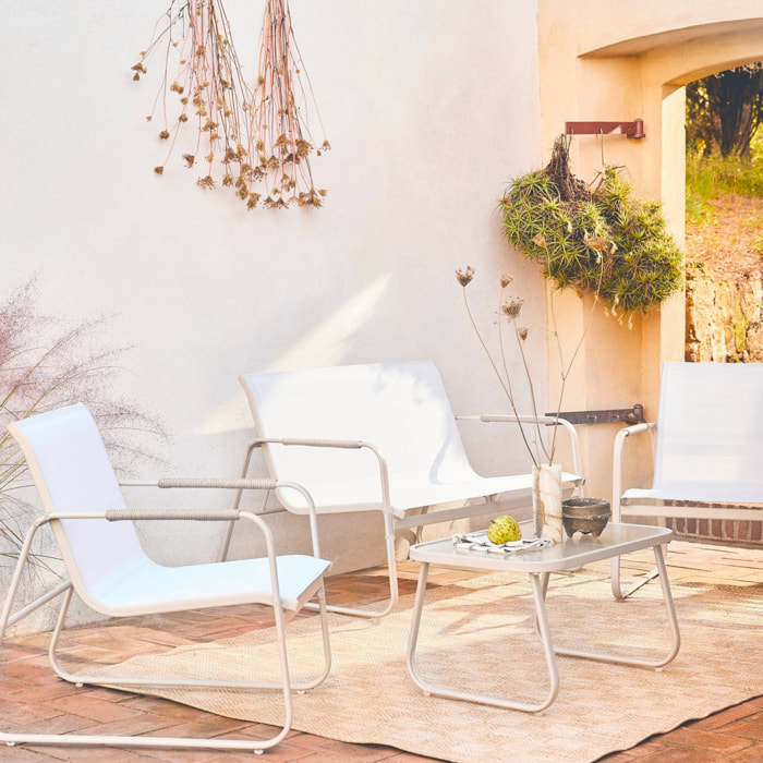 Salon de jardin blanc NOTO acier. 4 places. un canapé. une table. deux fauteuils textilene