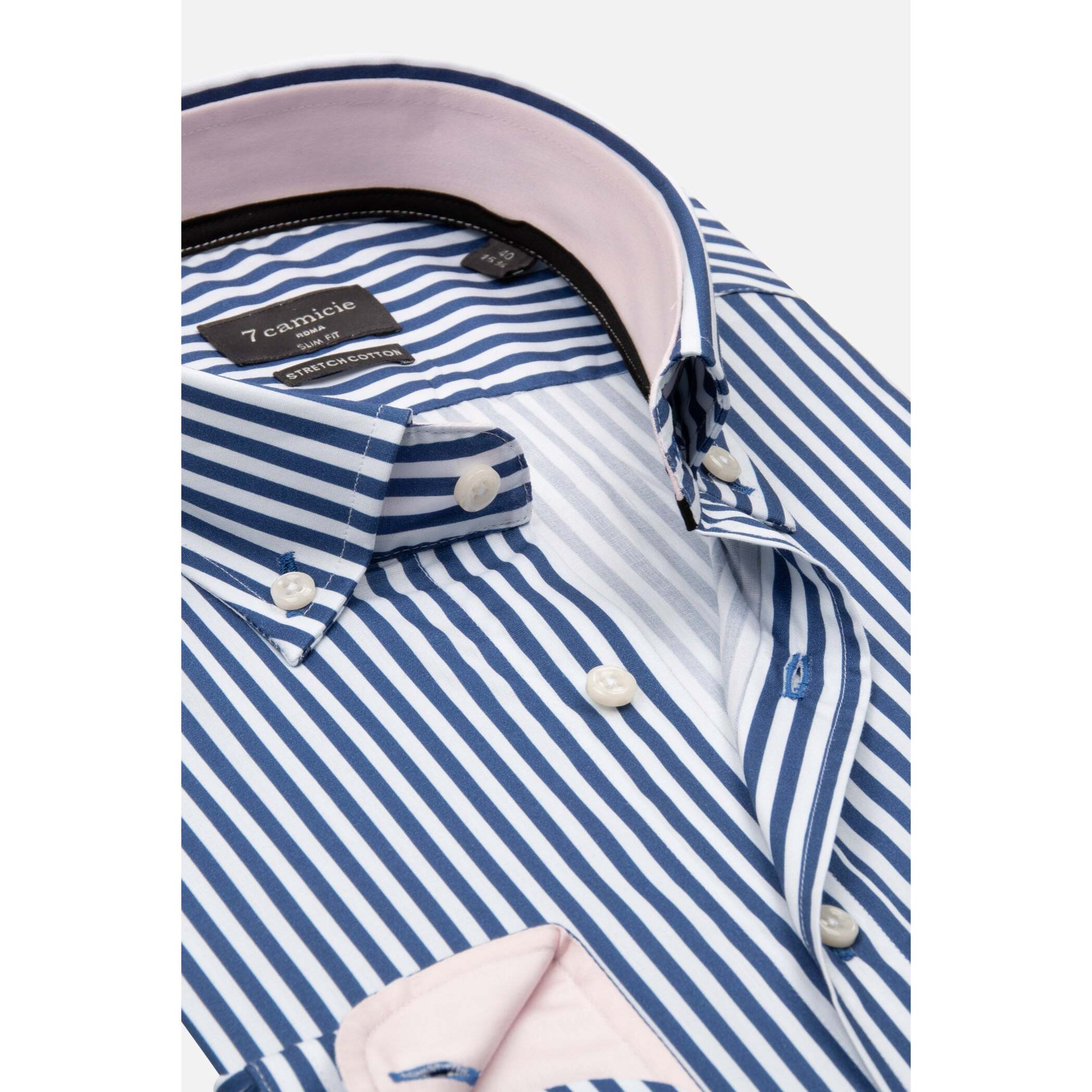 camicia uomo 1 bottone button down slim Popeline Stretch Riga Media Bianco Blu Avion