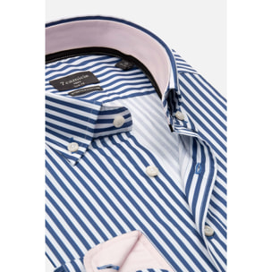 camicia uomo 1 bottone button down slim Popeline Stretch Riga Media Bianco Blu Avion