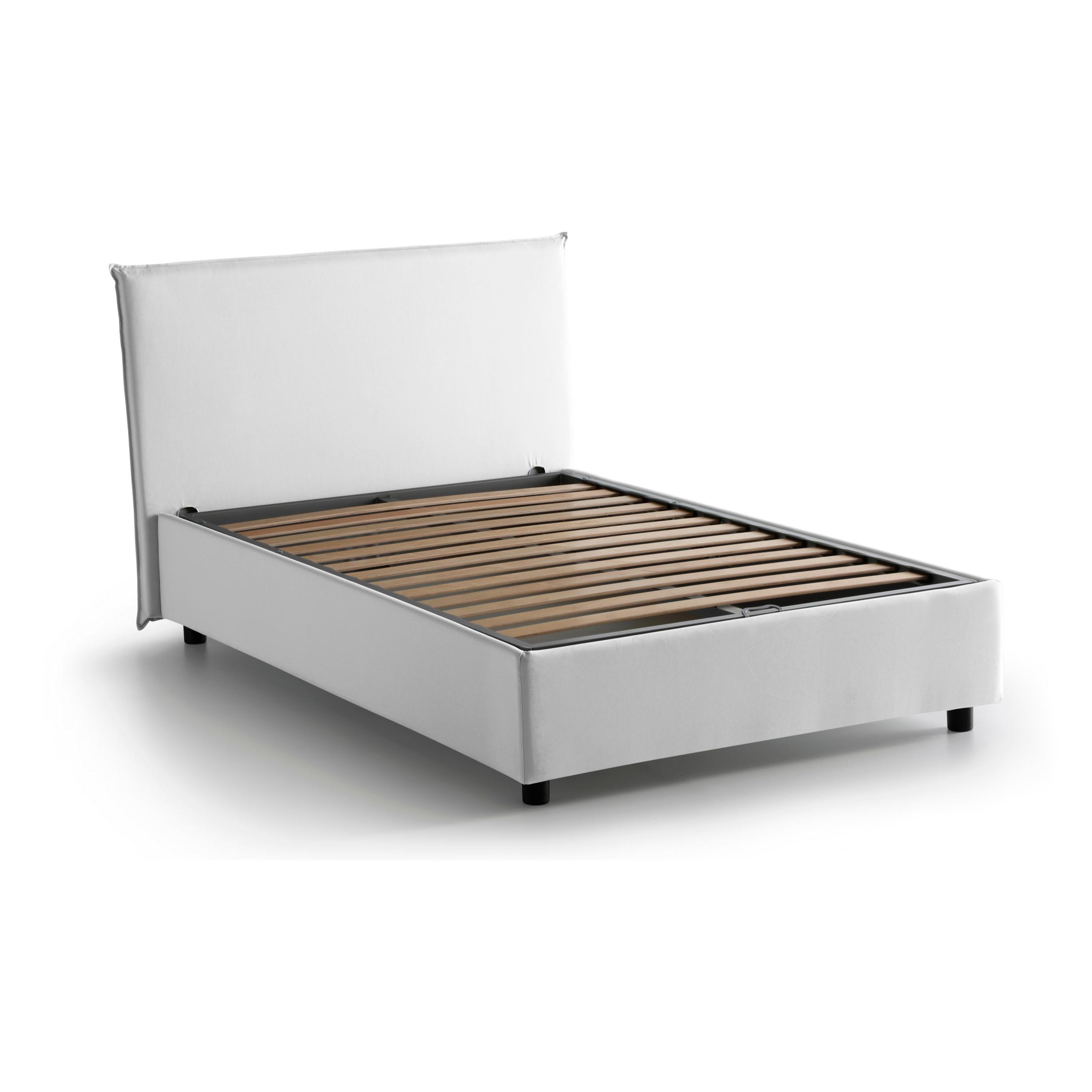 Letto piazza e mezza Chicca, Letto contenitore con rivestimento in tessuto, 100% Made in Italy, Apertura frontale, con materasso Cm 120x200 incluso, Bianco