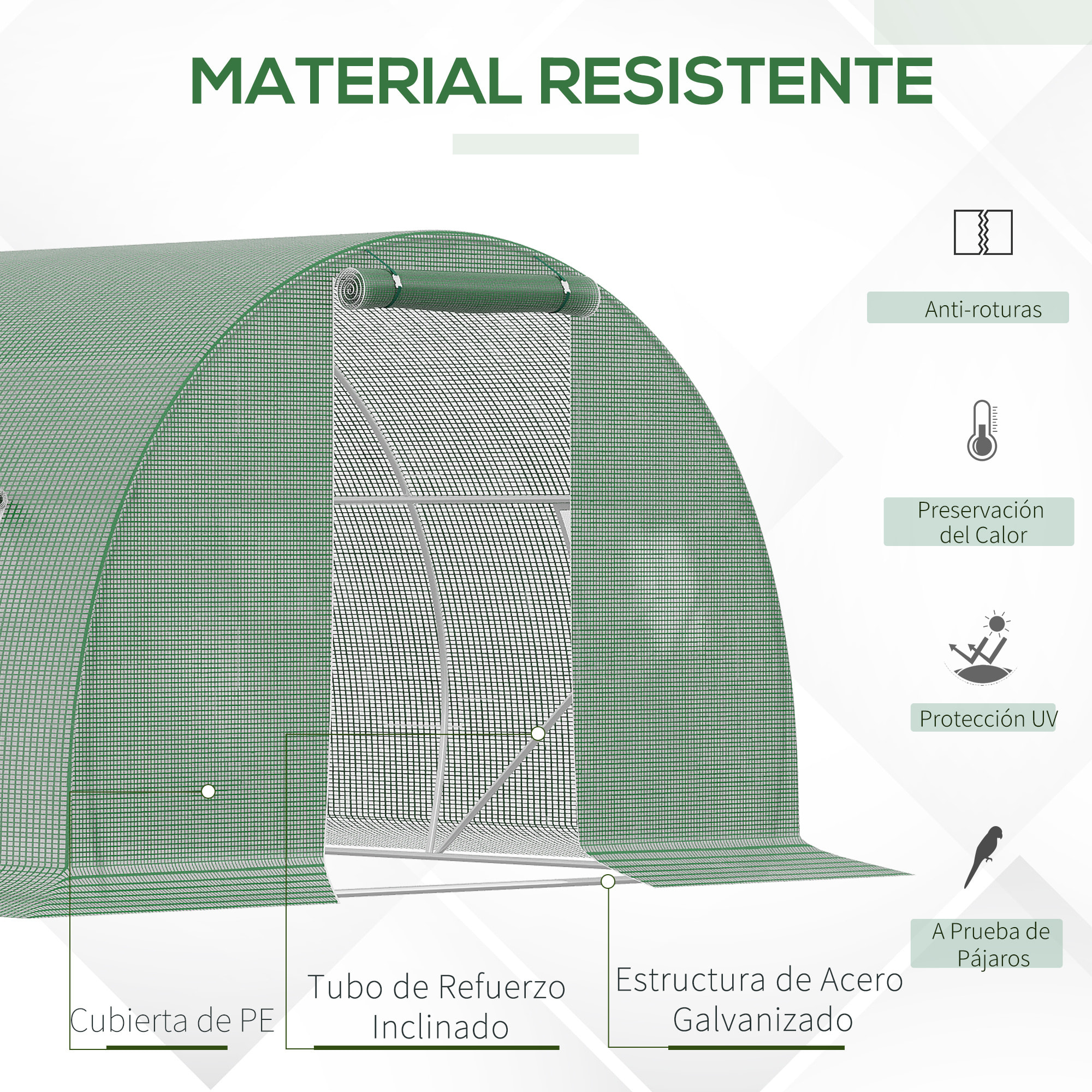 Invernadero de Exterior 4,5x3x2 m Invernadero de Túnel con Paredes Laterales Enrollables 6 Ventanas de Malla y Puerta Enrollable con Cremallera Invernadero para Jardín Patio Verde