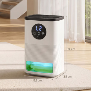 HOMCOM Deshumidificador 0,3L/Día, Deshumidificador de Humedad Pequeño Silencioso, para 15 ㎡, Luz RGB, Depósito 1,4 Litros, Temporizador de 24H, Pantalla LED, Secado Ropa, para Dormitorio, Baño, Blanco