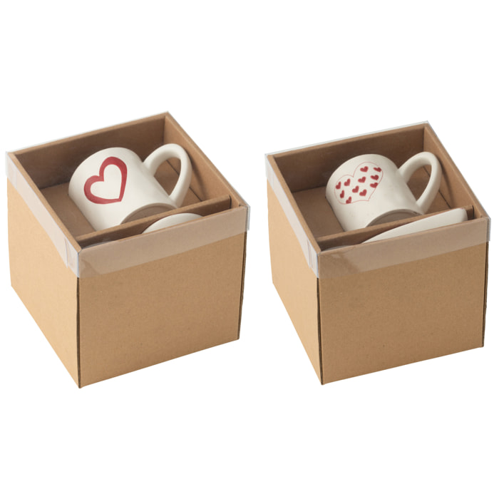 J-Line tasse + sous-tasse Cœurs - porcelaine - blanc/rouge - 2 pcs