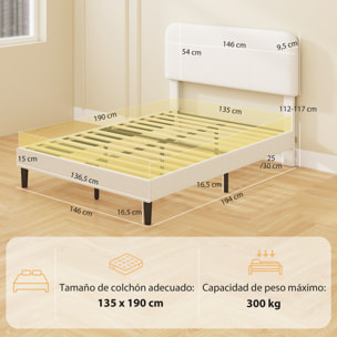 Cama Tapizada en Borreguito, 135x190 cm, Cama Matrimonio con Cabecero Ajustable en Altura, Listones de Madera, Blanco
