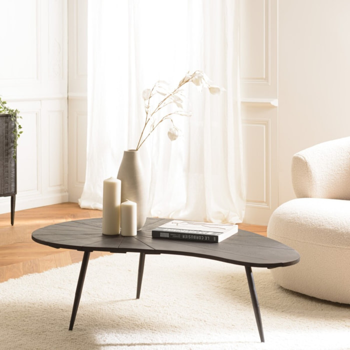 JAMES - Table basse ovoïde plateau texturé noir mat pieds en fer noir