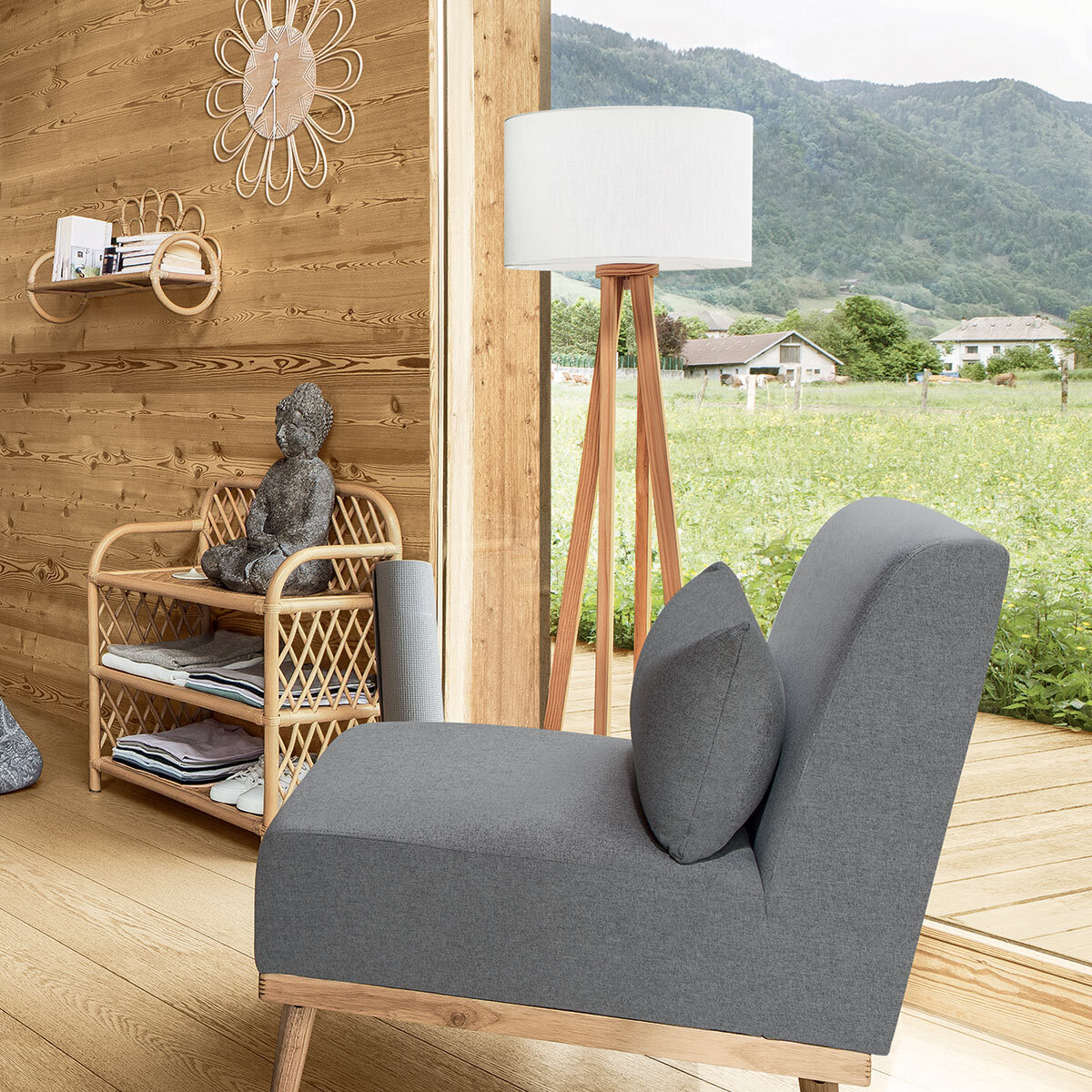 Lampadaire "Molu" - bois et blanc H140 cm