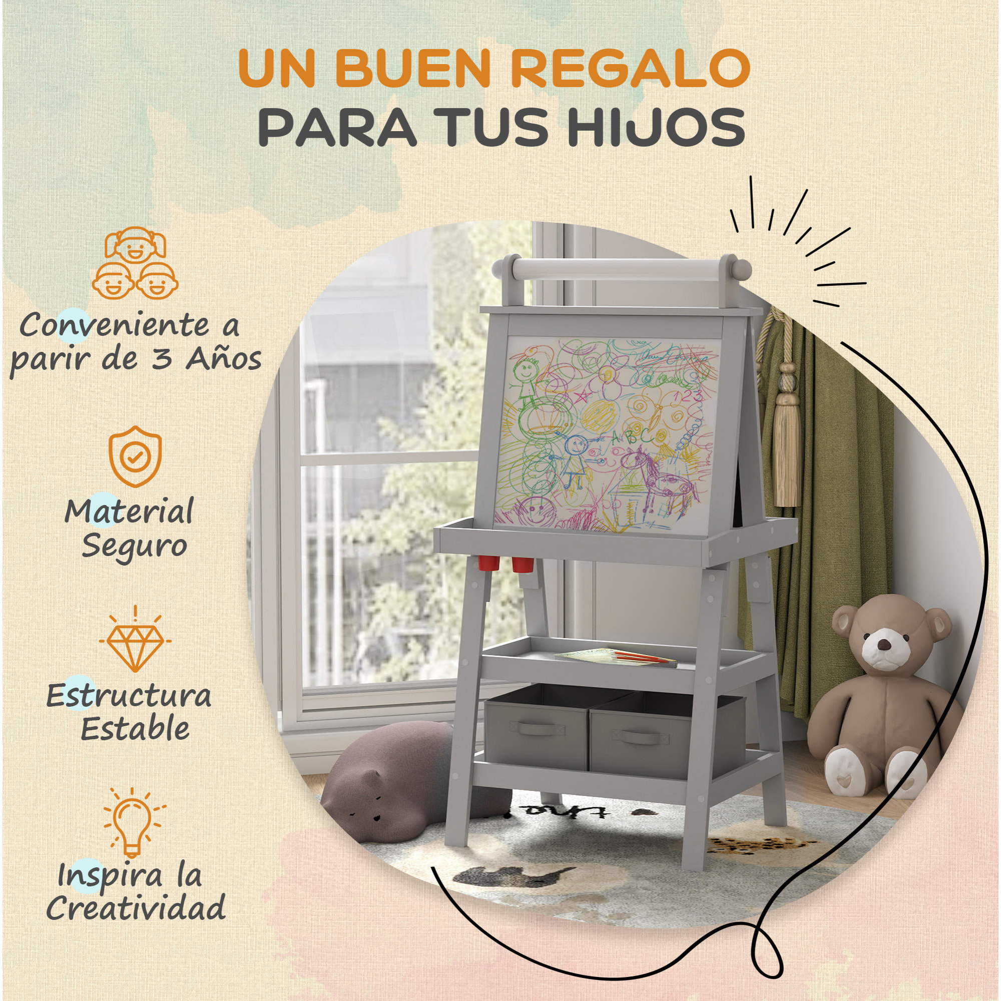 Pizarra Infantil Caballete de Pintura para Niños 3 en 1 Pizarra de Doble Cara Magnética con Rollo de Papel y Cestas de Almacenamiento Gris