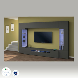 Parete attrezzata Clementino, Set salotto porta TV a 6 ante, Mobile soggiorno multiuso con luce LED, 100% Made in Italy, cm 290x40h191, Antracite