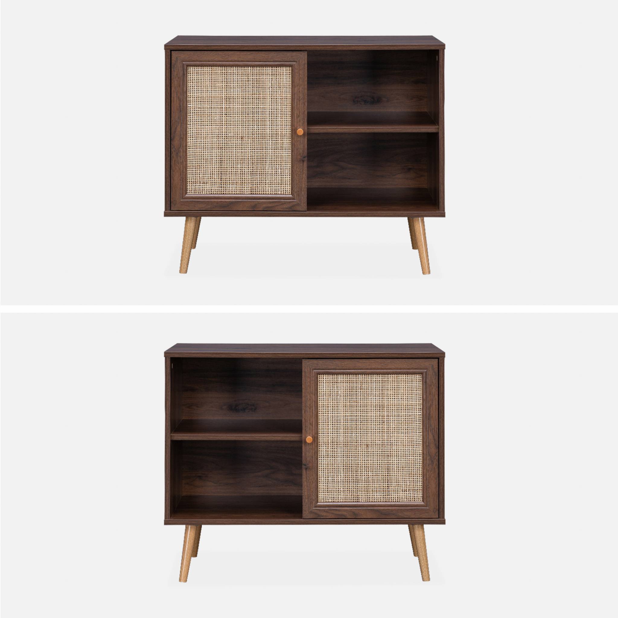 Meuble de rangement en cannage 80x39x65.8cm  Bohème - couleur bois foncé -  2 niveaux - 1 porte -  pieds scandinaves. buffet bas