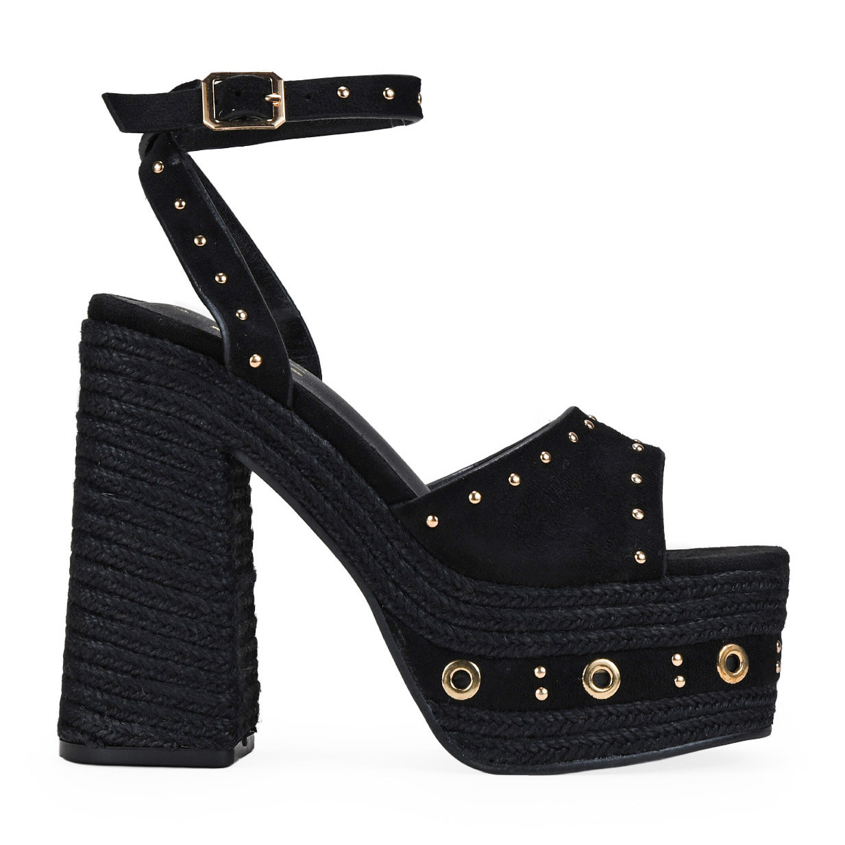 Sandalias de tacón negras con esparto y tachas