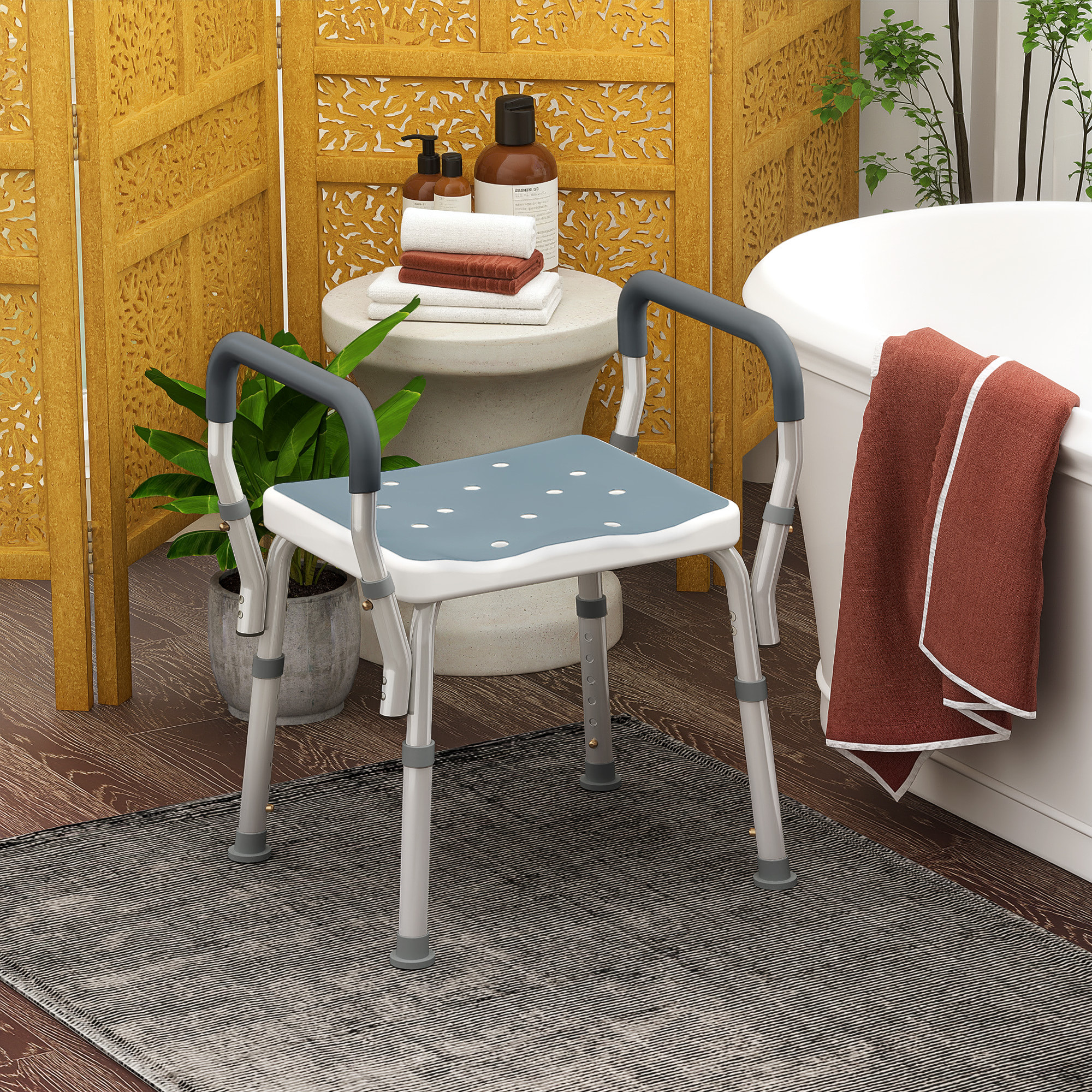 Chaise de douche tabouret de douche antidérapant - hauteur réglable, accoudoirs - alu HDPE bleu