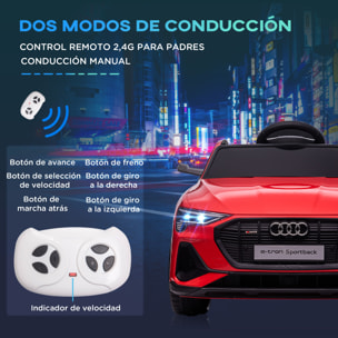 Coche Eléctrico para Niños Audi E-tron Coche de Batería para Niños 12V con Mando a Distancia Faros Bocina Música Velocidad 3-5 km/h Cinturón de Seguridad Rojo