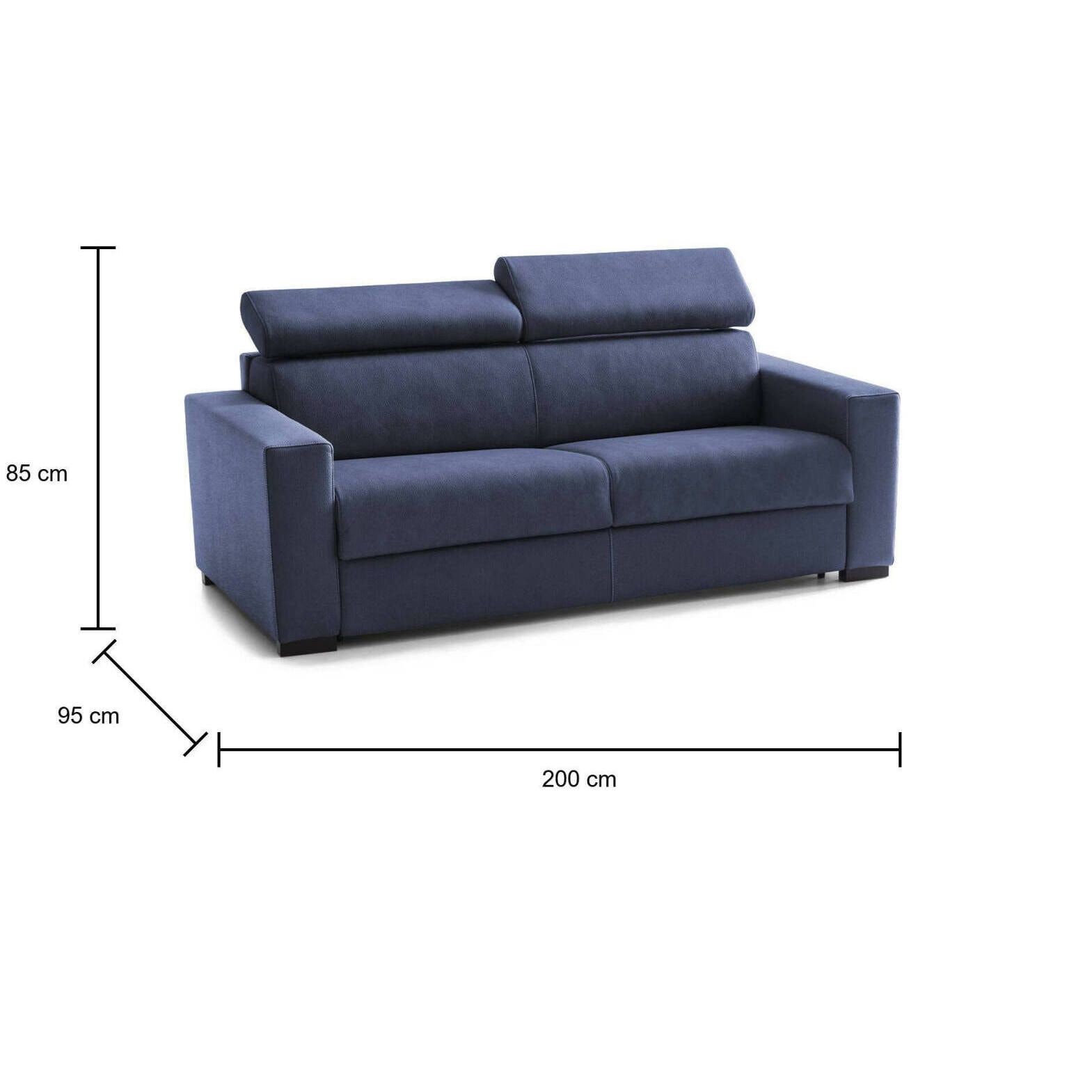 Divano Letto Aisha, Divano a 3 posti, 100% Made in Italy, Sofà Soggiorno con apertura girevole, con poggiatesta regolabili e Braccioli slim, Cm 200x95h85, Blu