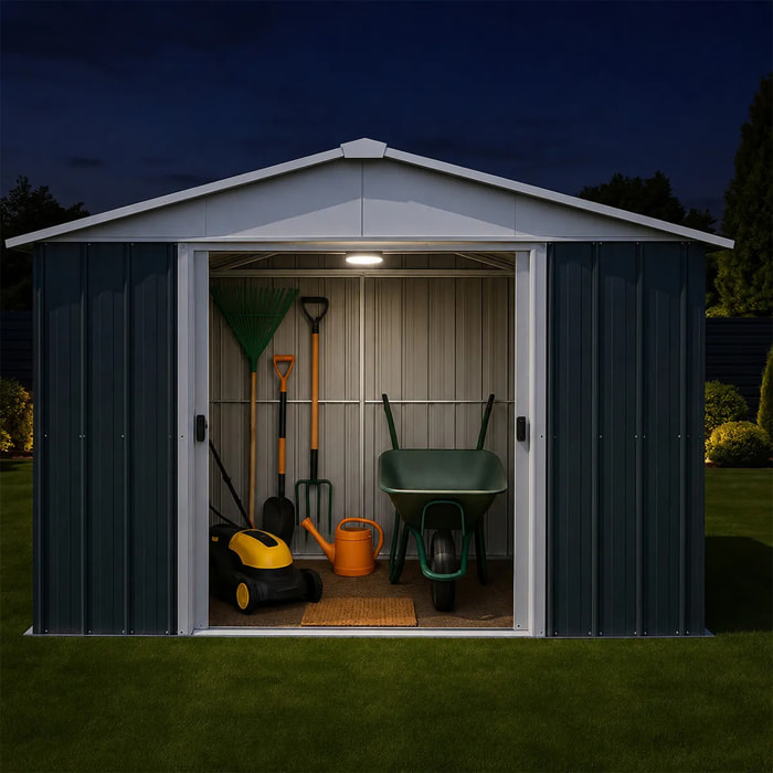 Abri de jardin métal anthracite Yardmaster 6,44m² + kit d'ancrage + lampe magnétique