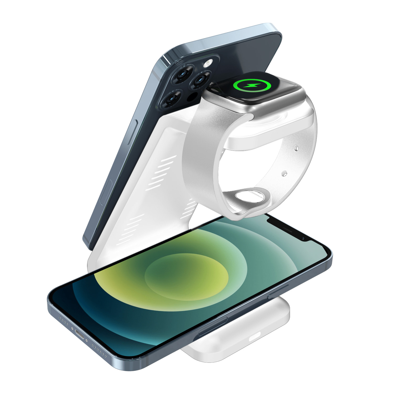 Stazione di ricarica 3 in 1 da 15w. Base di ricarica wireless Qi per 2 smartphone, auricolari e Apple Watch.