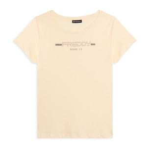 T-shirt da donna con strass e banda logata sulle spalle