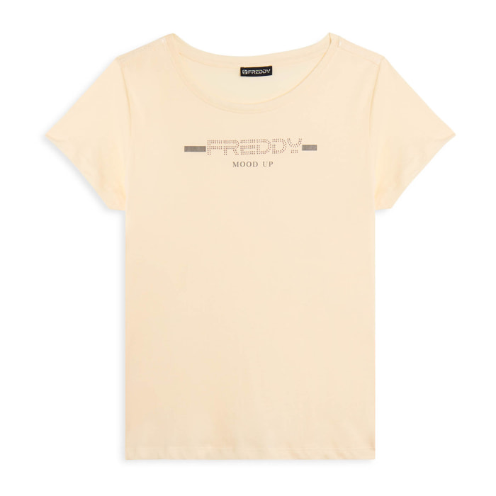 T-shirt da donna con strass e banda logata sulle spalle