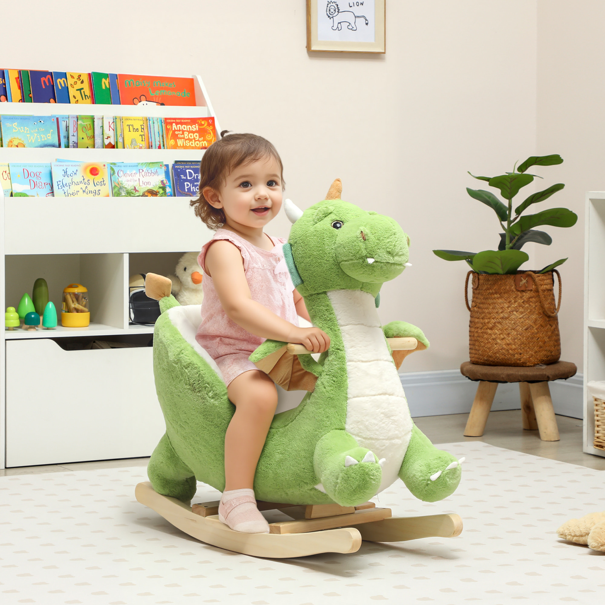 Caballito Balancín para Bebés con Sonido de Dragón, Caballo Balancín de Peluche con Base de Madera, Cinturón de Seguridad, para Niños de 18-36 Meses, Verde