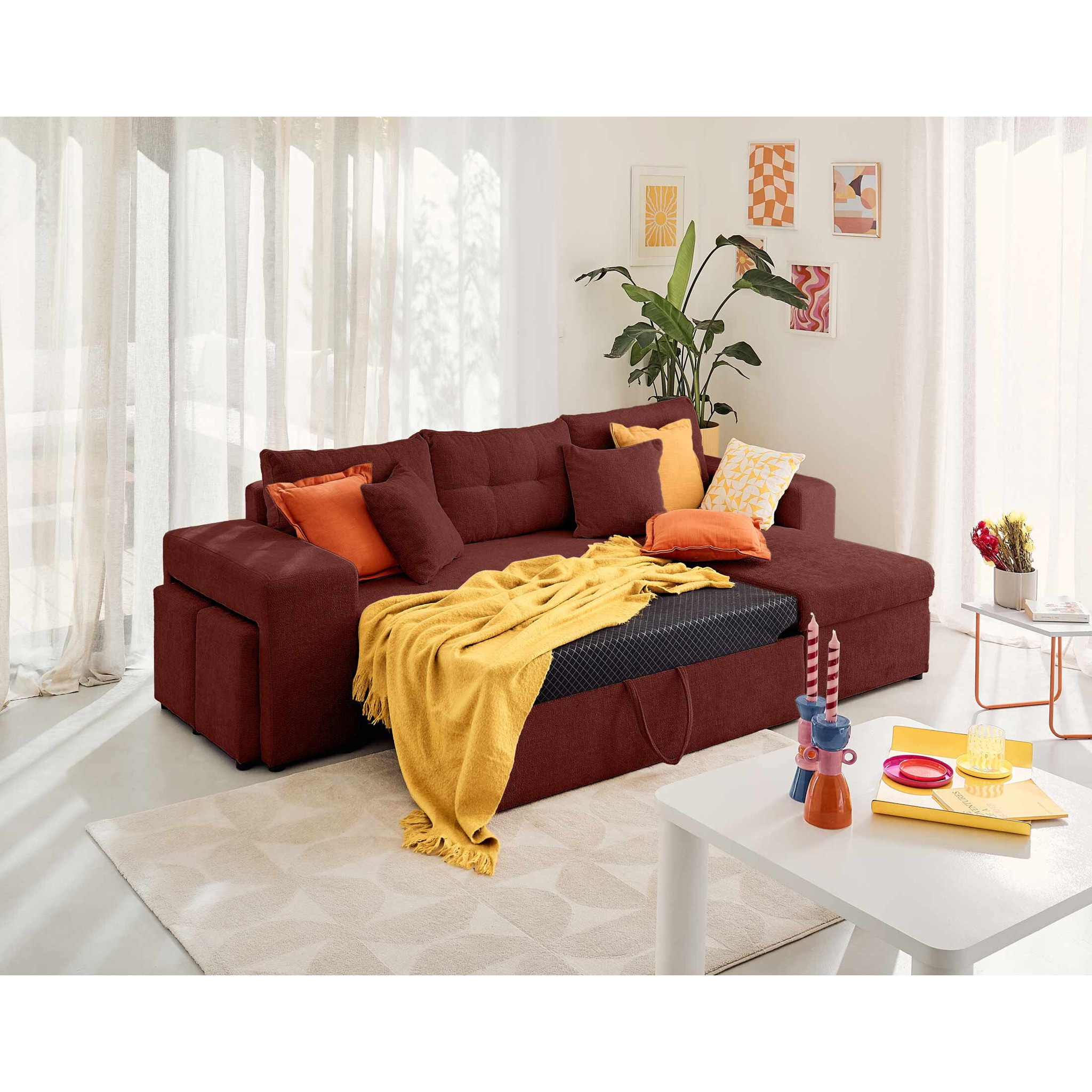 California - canapé d'angle réversible 4 places - convertible avec coffre, étagère et poufs - en velours texturé - Prune