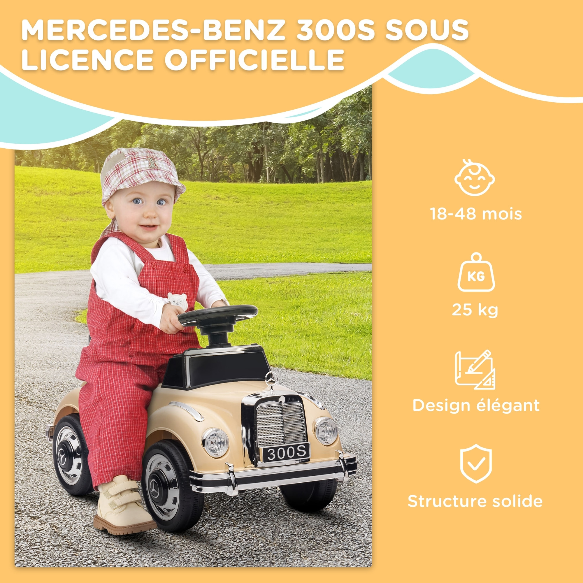 Porteur enfant voiture licence Mercedes-Benz 300S coffre butée arrière anti-basculement beige