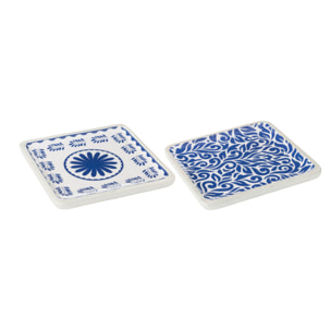 J-Line Plat Carre Motif Floral Bois De Manguier Bleu/Blanc Assortiment De 2