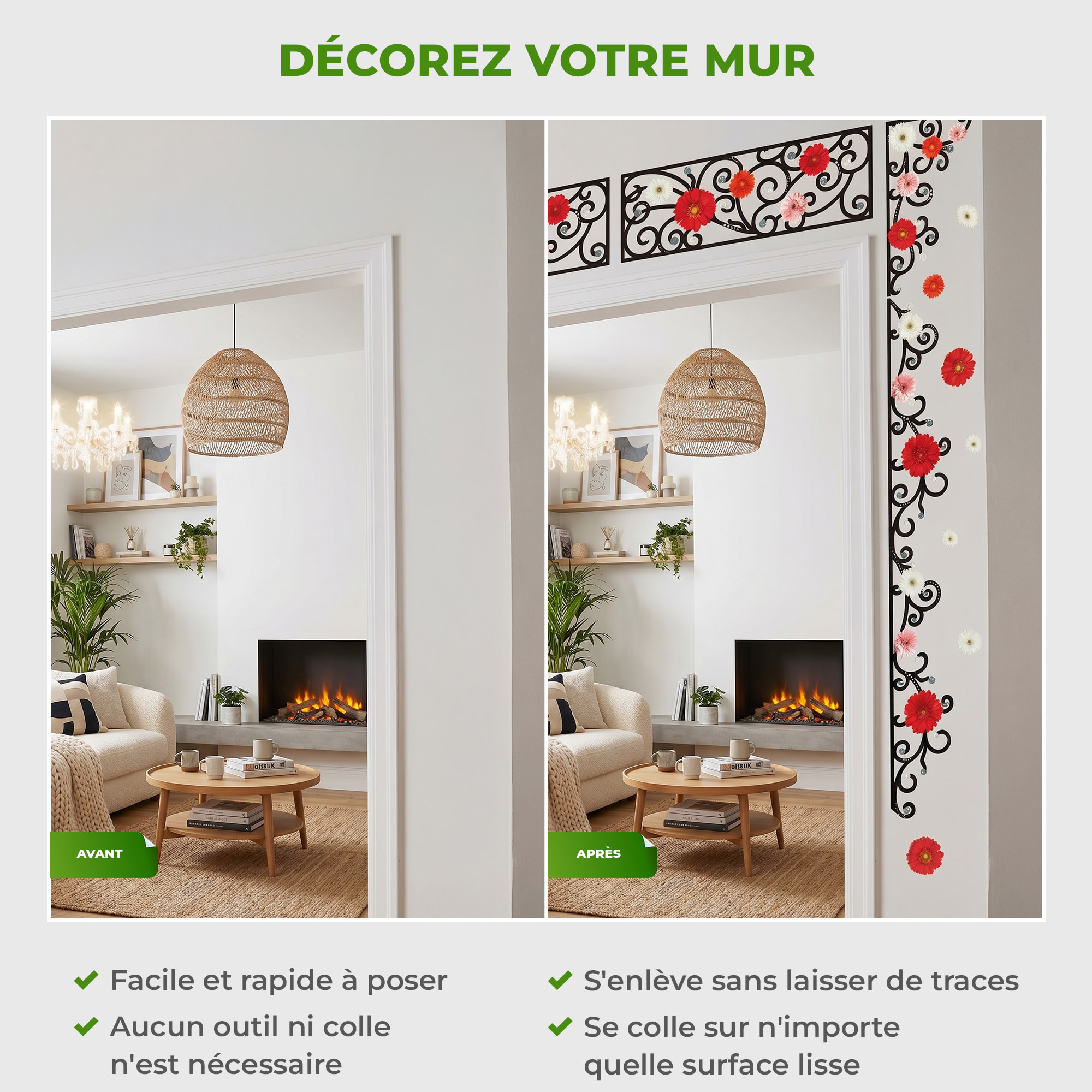 Stickers Muraux décoration adhésifs fleurs en frise