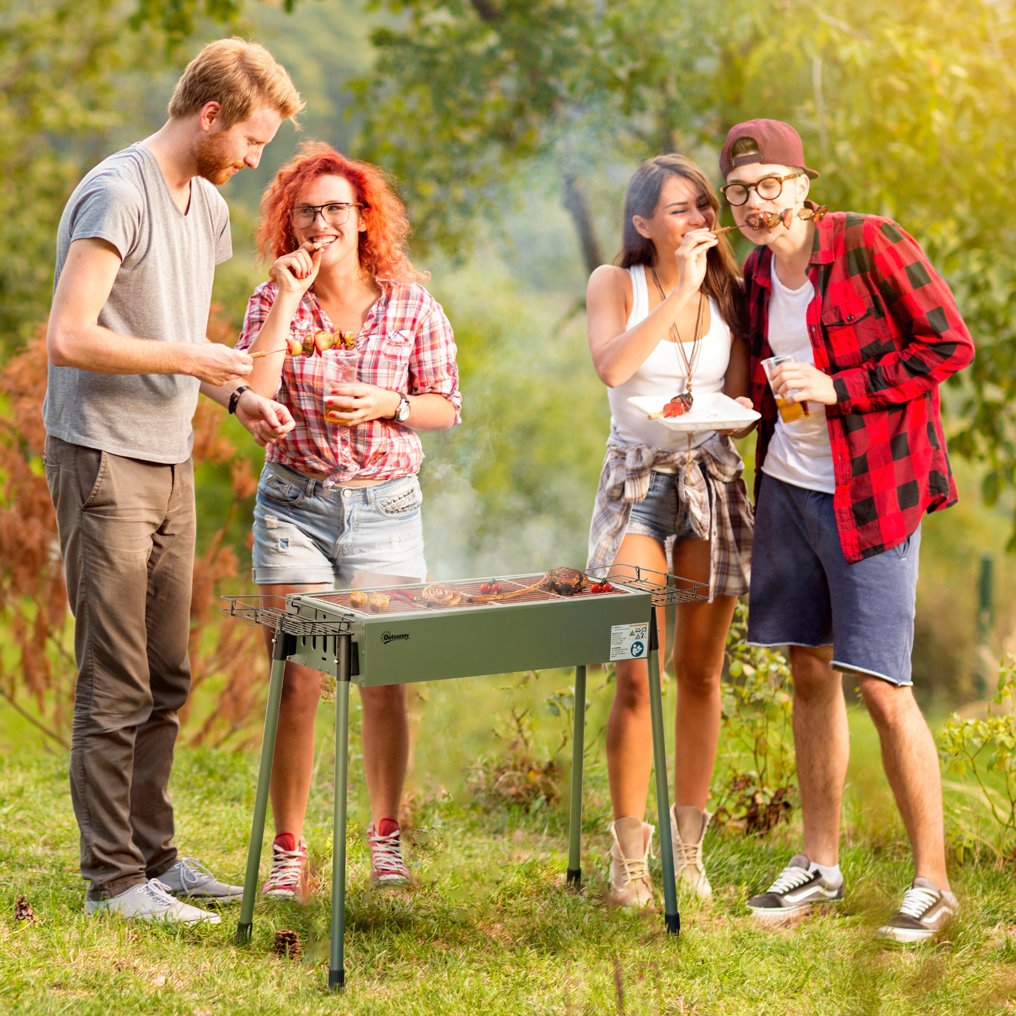 Barbacoa de Carbón Barbacoa Portátil 94x39x70 cm con 2 Parrillas de Acero Inoxidable y 2 Especieros para Acampar Picnic Camping Jardín Verde Oliva