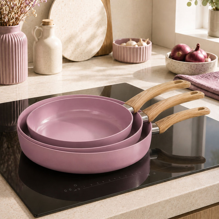 Lot de 3 poêles revêtement céramique lilas - tous feux COLORAMA