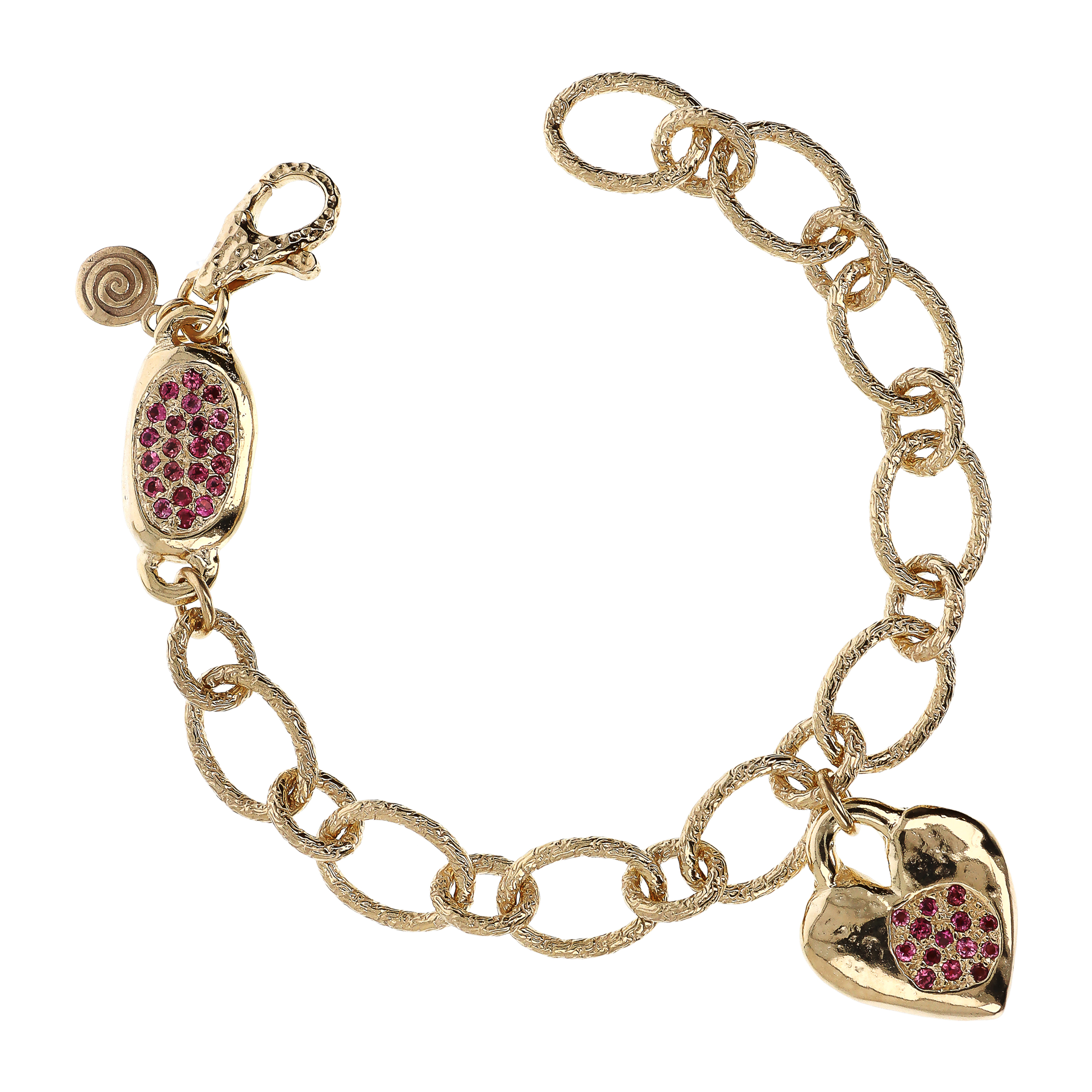 Bracciale Catena Rolo Martellata con Cuore Pavé in Cubic Zirconia Rosa