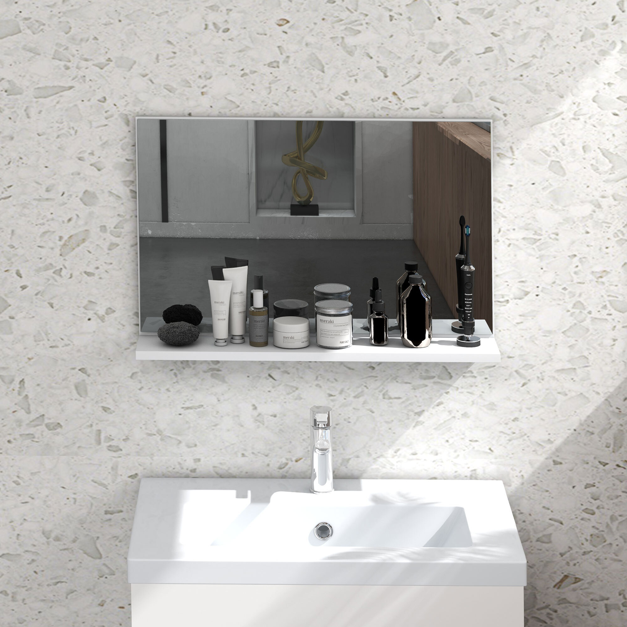 Espejo de Baño con Estante Abierto, Espejo de Pared, Estilo Moderno, para Entrada, Pasillo, 60x12x40 cm, Blanco