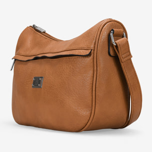 Bolso bandolera tostado con bolsillo frontal y logo