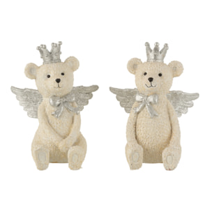 J-Line décoration tirelire Ours - polyrésine - Couronne - blanc/gris - large - 2 pcs