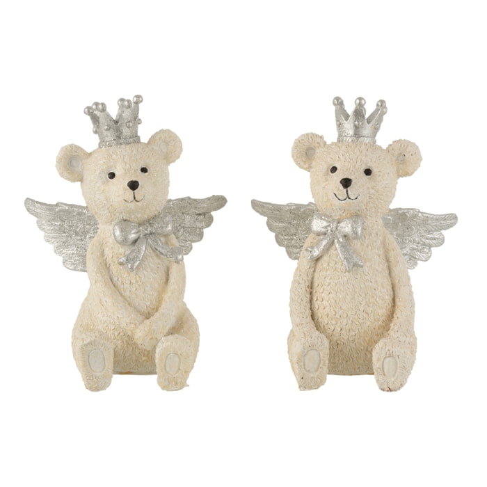 J-Line décoration tirelire Ours - polyrésine - Couronne - blanc/gris - large - 2 pcs