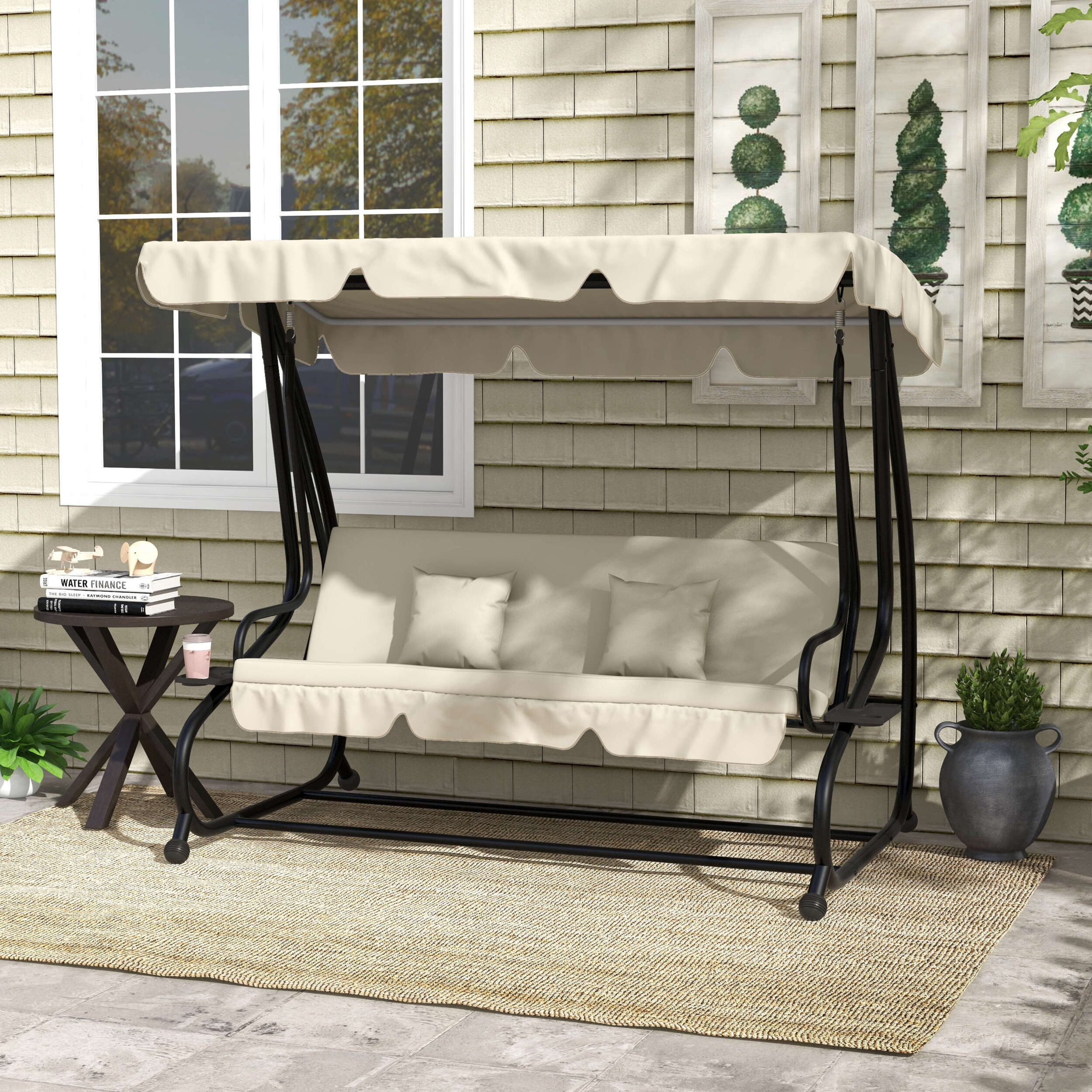 Balancín de Jardín Exterior de 3 Plazas Columpio de Jardín Exterior Convertible en Cama con Toldo Ajustable Soportes Laterales y 2 Almohadas Carga 340 kg 200x120x164 cm Crema