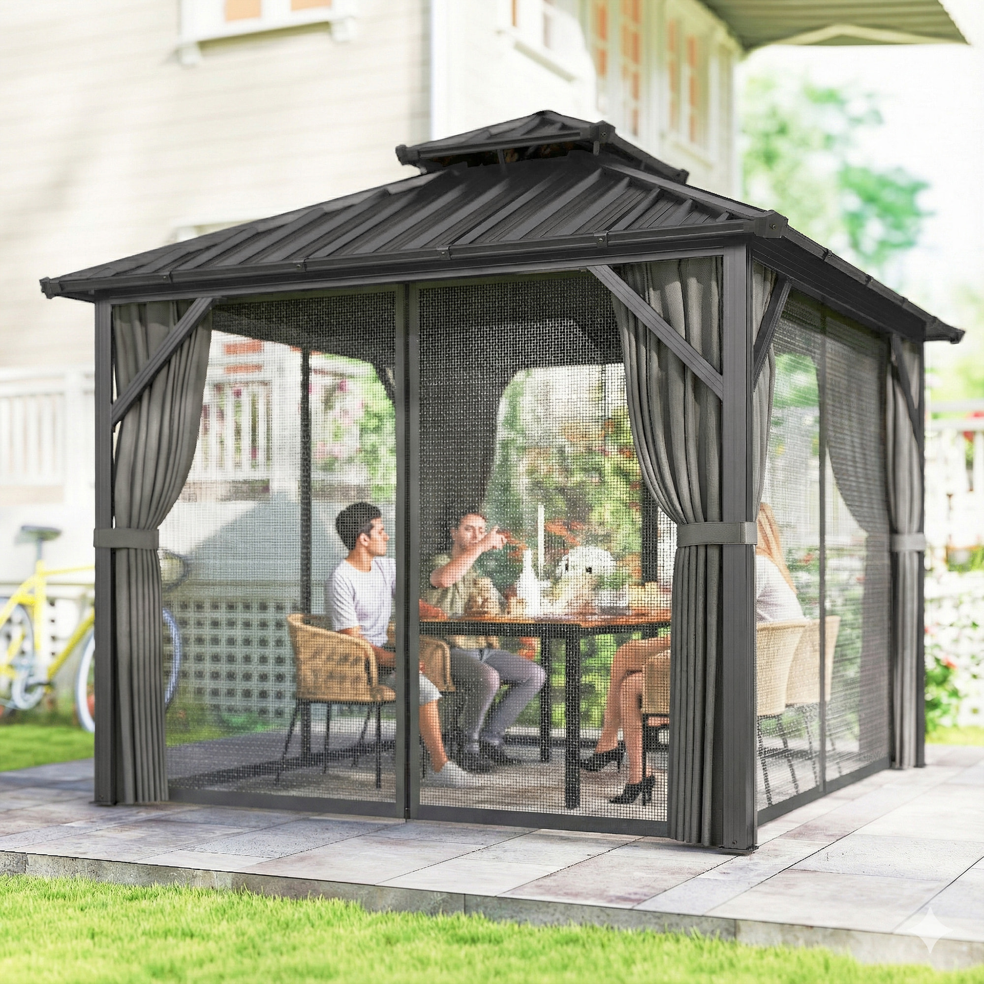 Pavillon de jardin  toit rigide - rideaux et moustiquaire - alu et acier - 3x3m - gris foncé