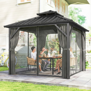 Pavillon de jardin  toit rigide - rideaux et moustiquaire - alu et acier - 3x3m - gris foncé