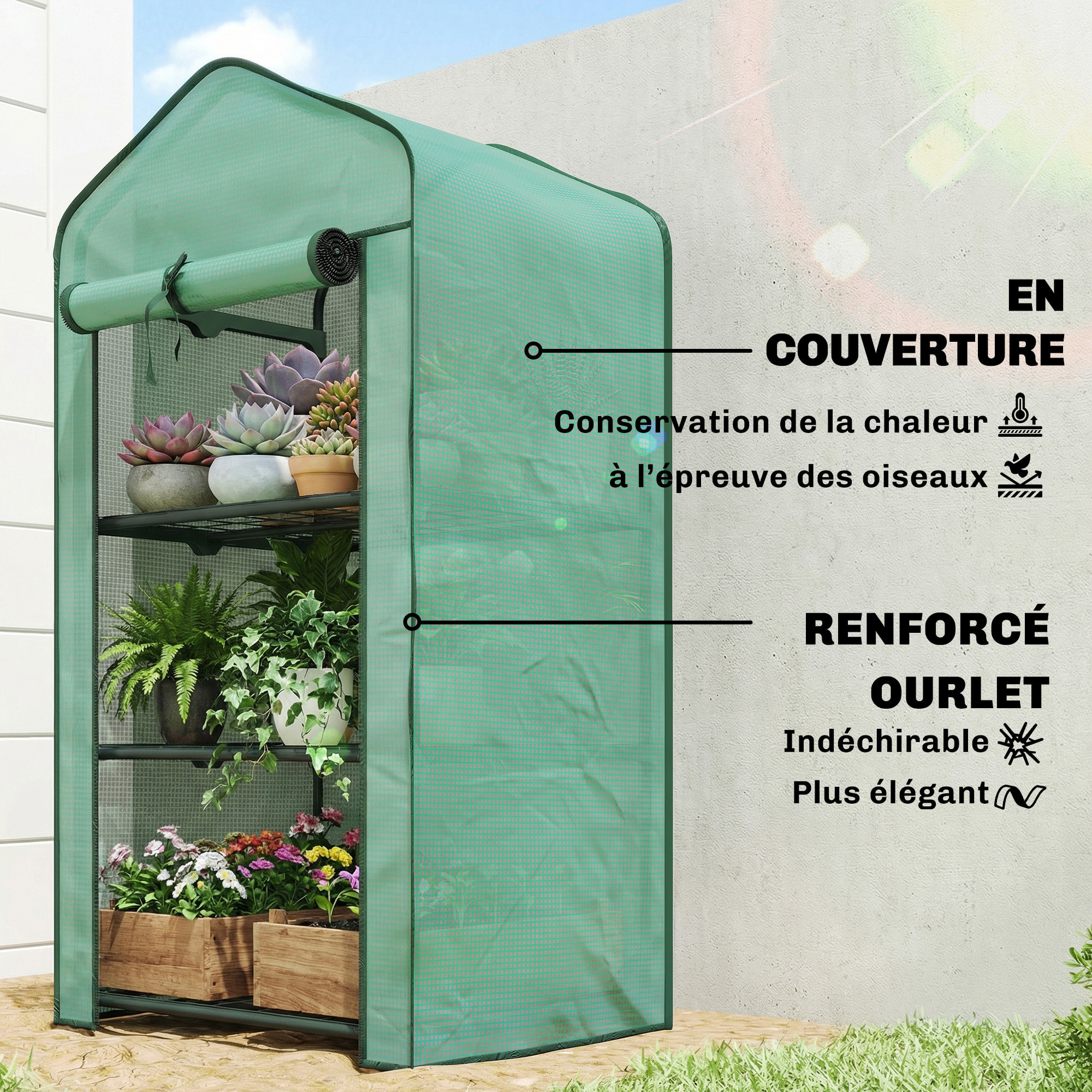 Serre de jardin balcon 3 niveaux métal thermolaqué vert PE vert