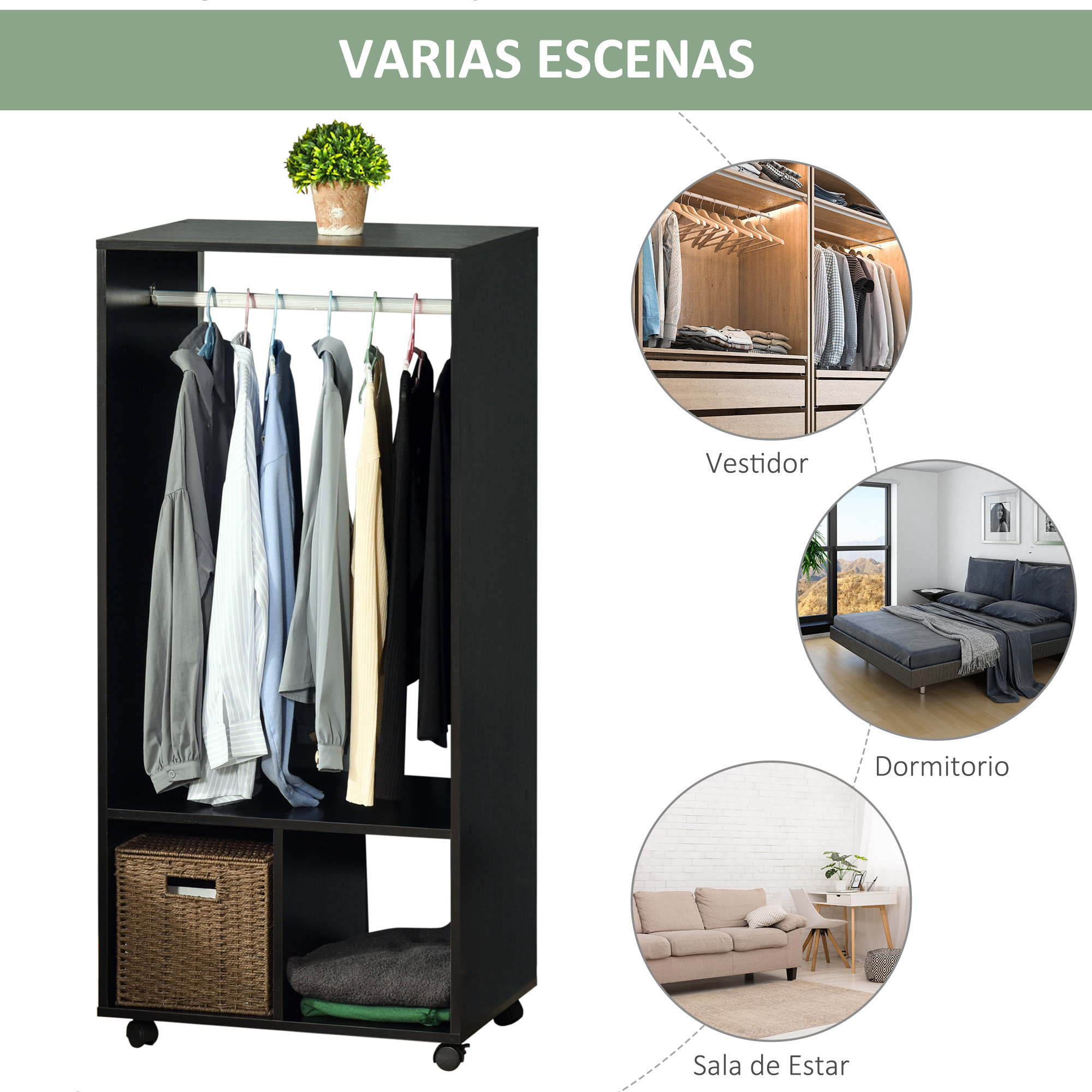 Armario Ropero con Ruedas Armario para Ropa con Barra Estantes Abiertos Organizador para Colgar Ropa de Dormitorio 60x40x128 cm Negro