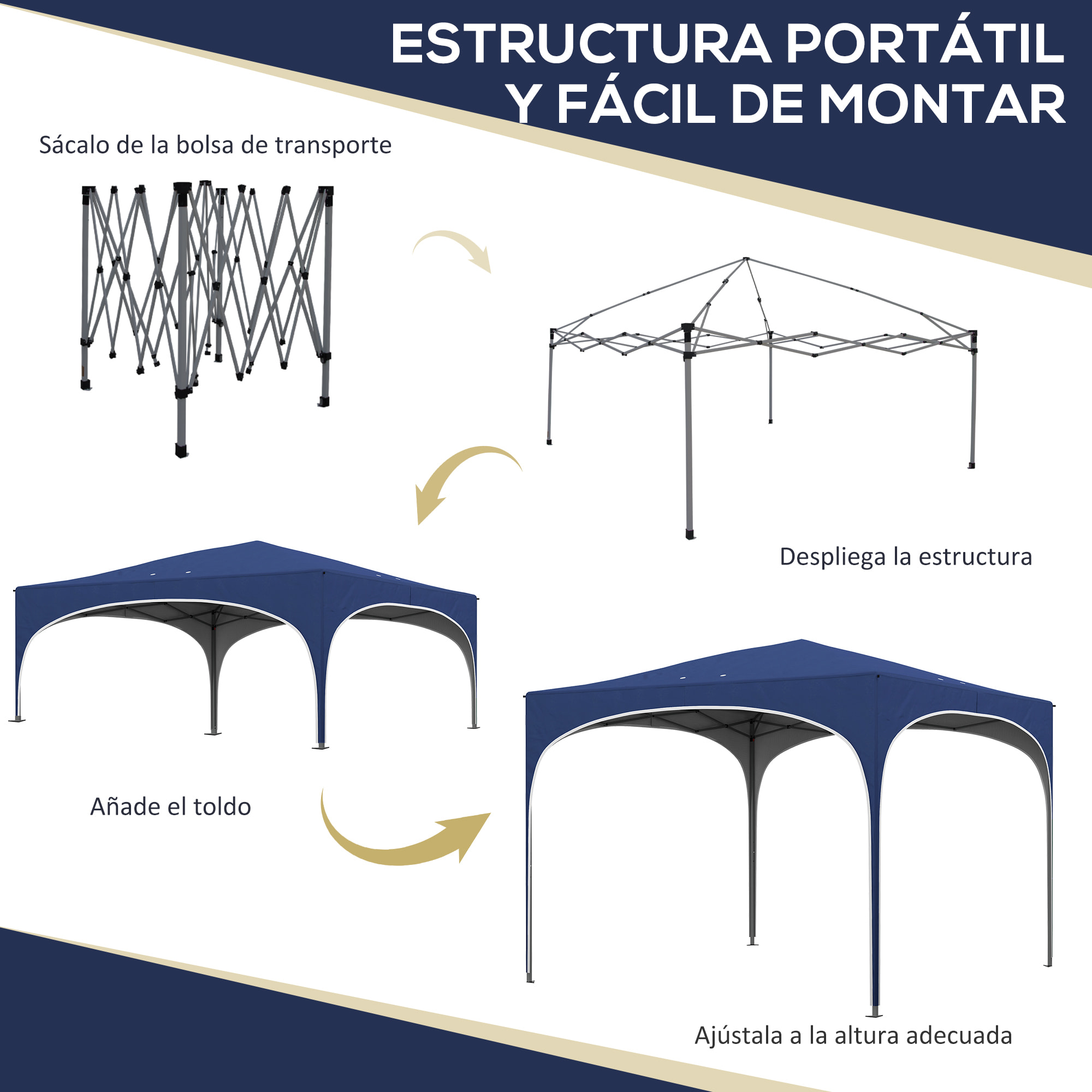 Carpa Plegable 3x3 m Cenador de Jardín Altura Ajustable con Bolsa de Transporte Impermeable Anti-UV y Bolsas de Arena para Exteriores Jardín Patio Azul Oscuro