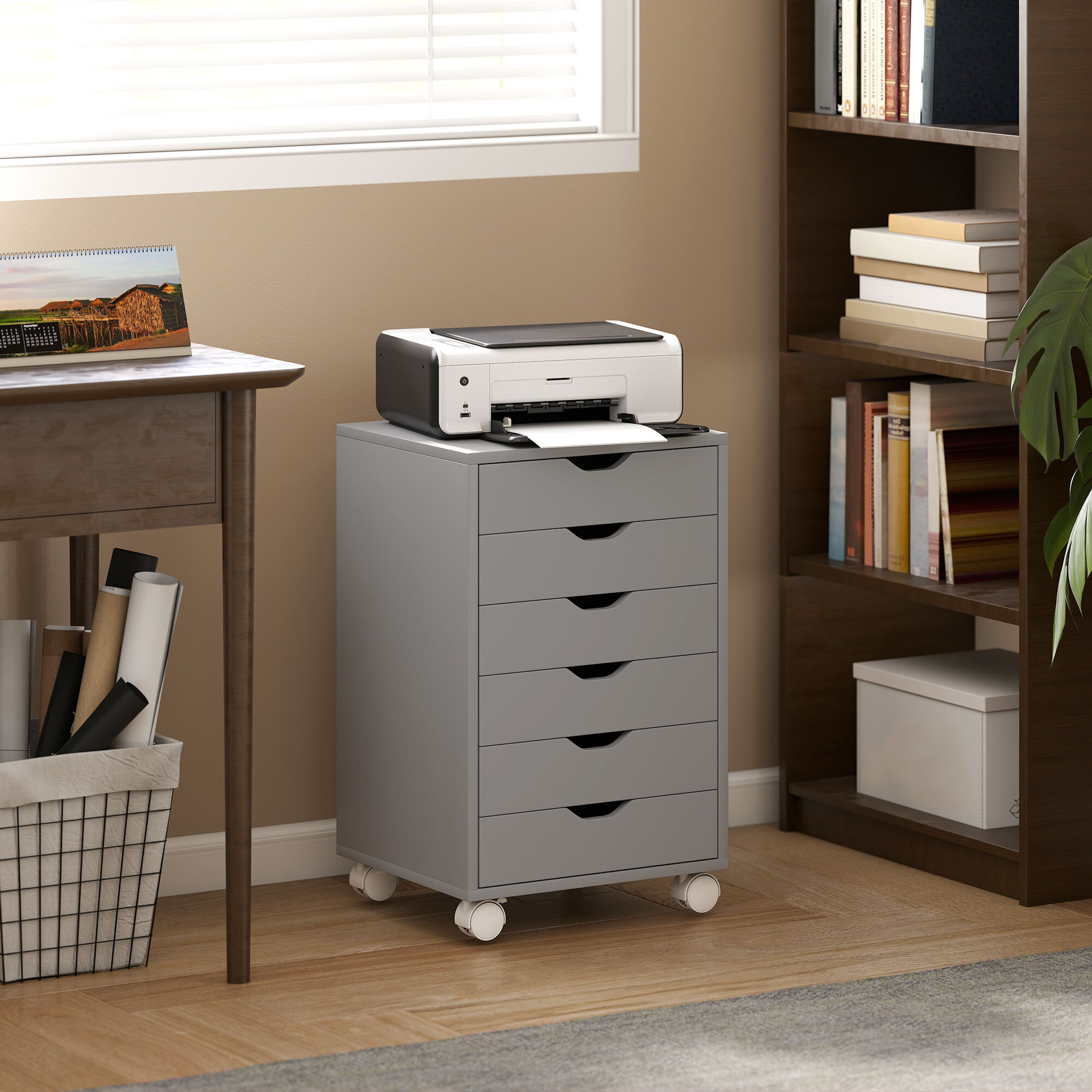Cajonera Escritorio, Archivador Móvil con 6 Cajones, Soporte para Impresora con Ruedas, Guías Deslizantes Silenciosas, para Oficina, Casa, Gris