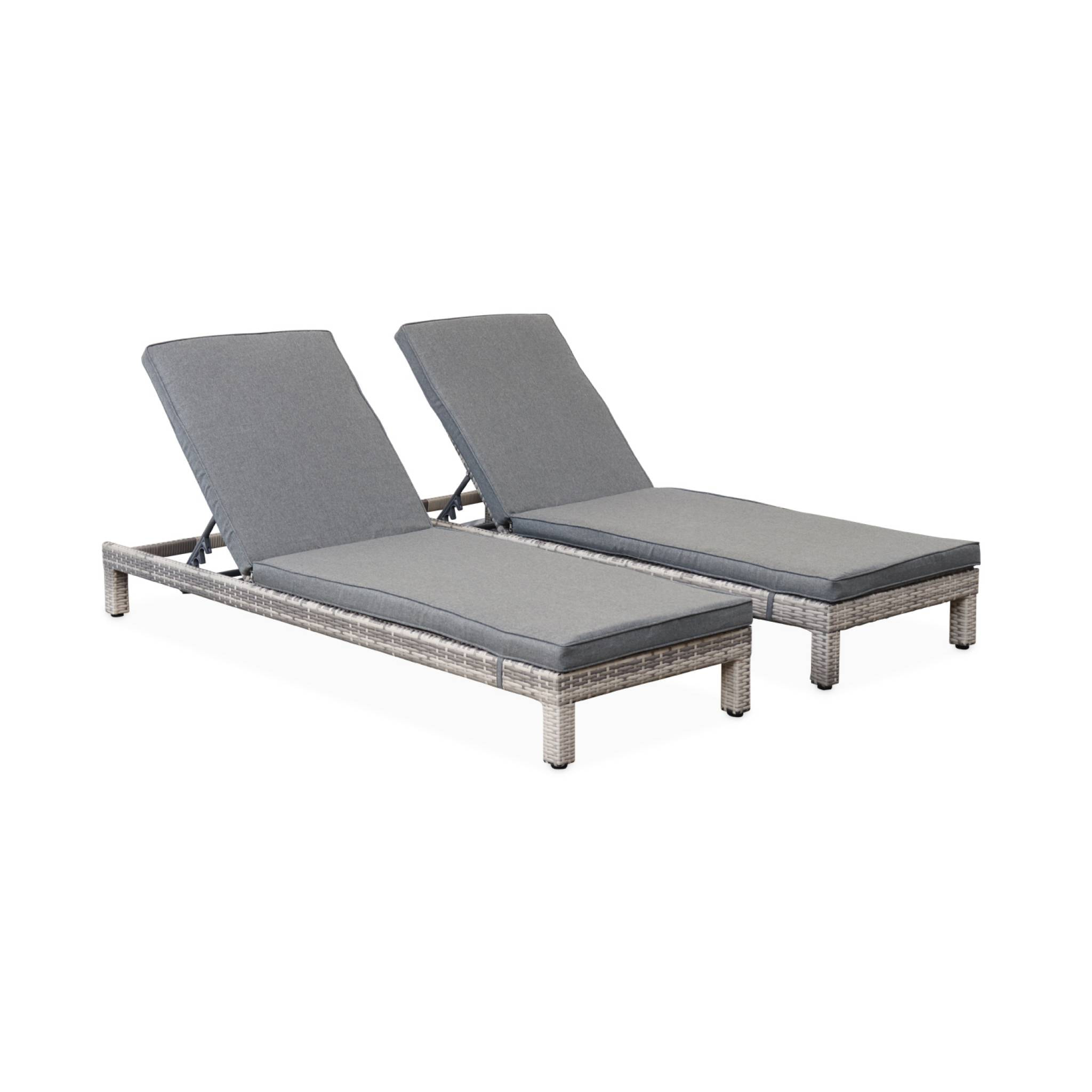 Set de 2 bains de soleil en résine tressée (transat) - Pisa x2 - nuances de gris. Coussins gris chiné