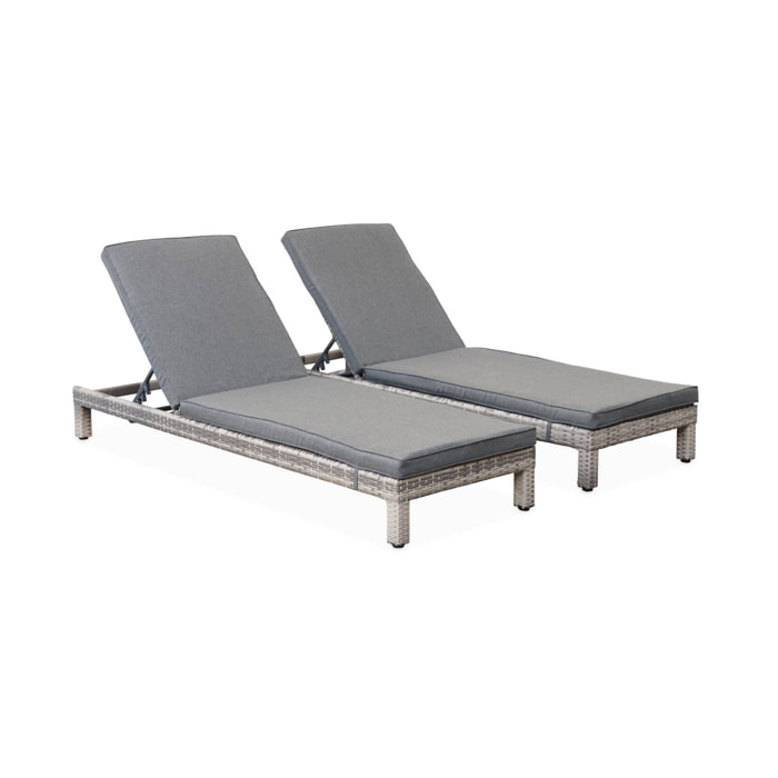 Set de 2 bains de soleil en résine tressée (transat) - Pisa x2 - nuances de gris. Coussins gris chiné