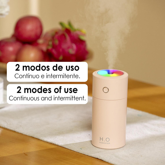 Humidificador de 310 ml con luz led ambiental multicolor. Función esterilización, compatible con hidroalcohol.