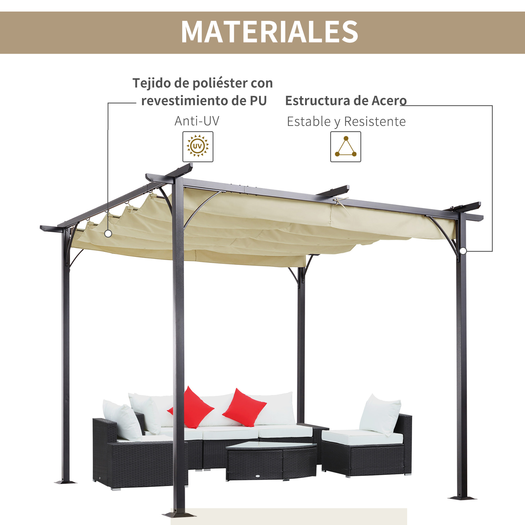 Pérgola de Metal 3x3m Gazebo Cenador para Jardín Patio con Techo Retráctil