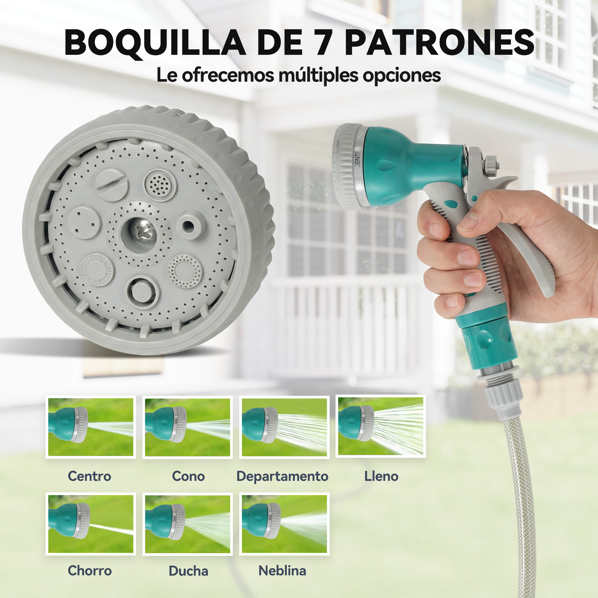 Enrollador de Manguera para Jardín 10+1 m con Boquilla de 7 Funciones, Carrete de Manguera de Jardín de Pared, Giratorio 180°, con Retorno Enrollado Automático, Gris Claro y Verde